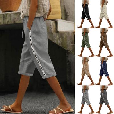 Γυναικεία Καλοκαιρινή Μόδα Φαρδιά Βαμβακοлиnen Μονόχρωμα Casual Κοντό Παντελόνι με Κουμπιά