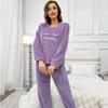 Women's Fluffy Pajama Set - Casual Round Neck Long Sleeve Embroidered Letter Pattern - Teddy Fluffy Casual Pajamas for Winter Warmth, Top and Pants