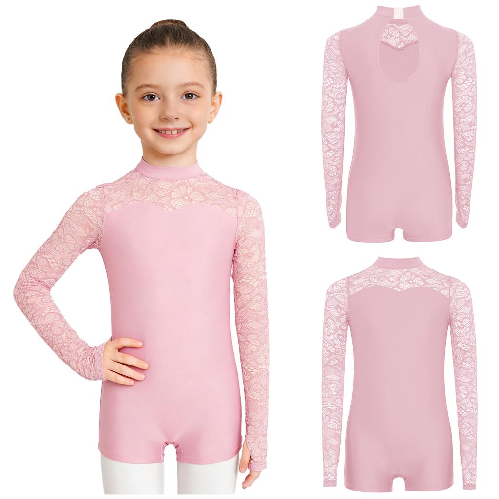 Kids Lace Patchwork Keyhole Back Long Sleeve Leotard Gymnastics Dance Bodysuit for Performance Competition Wear