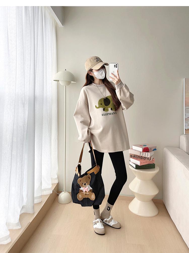 2025 Spring-Autumn Maternity Two-Piece Set: Grey & White Elephant Slit Sweatshirt with Long Sleeves