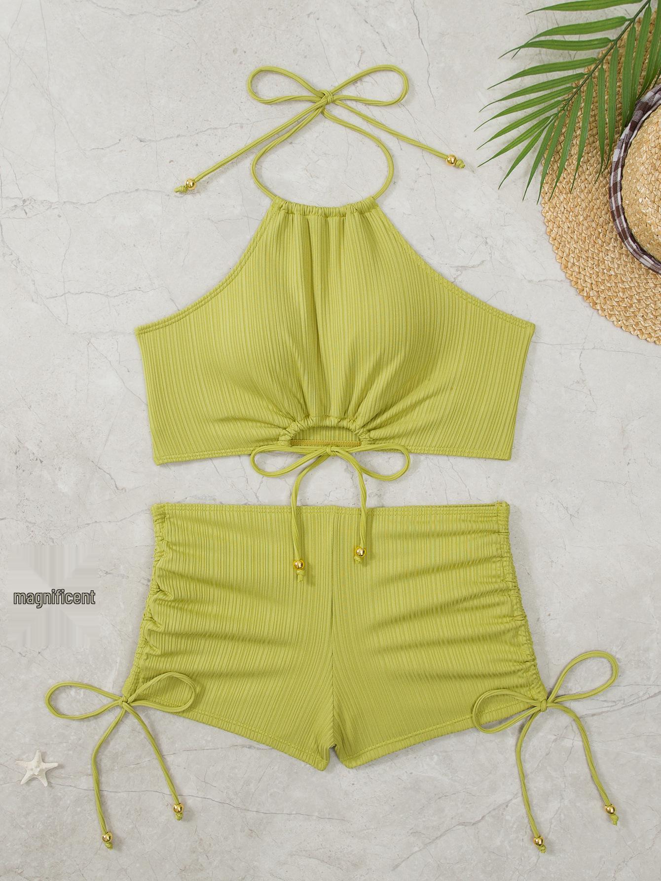 

2025 Однотонный купальник халтер на завязках с разрезом - Спортивное бикини с плоскими плавками Extra Large