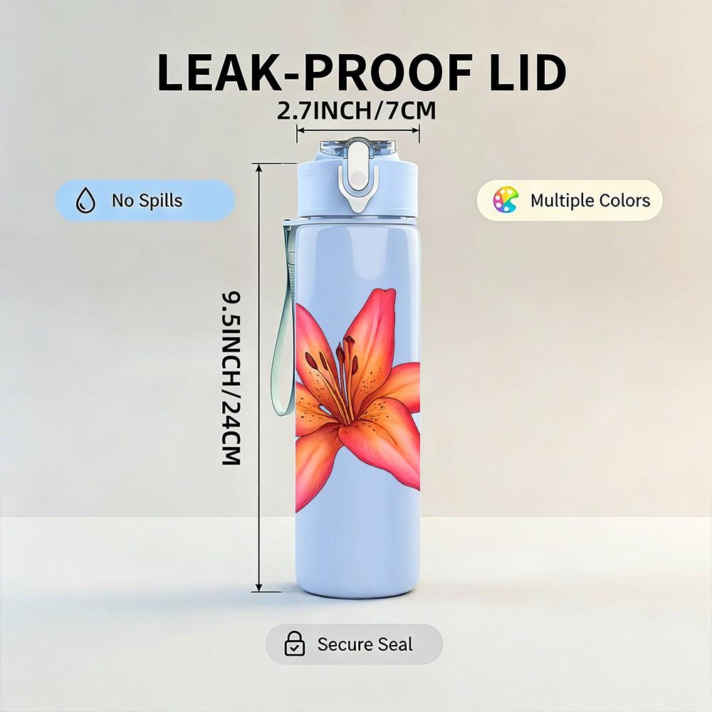 1PC Pink Lily Flower Illustration 750ml Color Plastic Sports Water Bottle Leakproof Flip Straw Lid Suitable for Sports Office Home Use