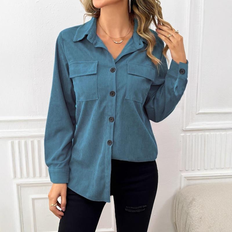 Damen S Vintage Corduroy Hemdjacke mit Umlegekragen, langen Ärmeln und Taschen