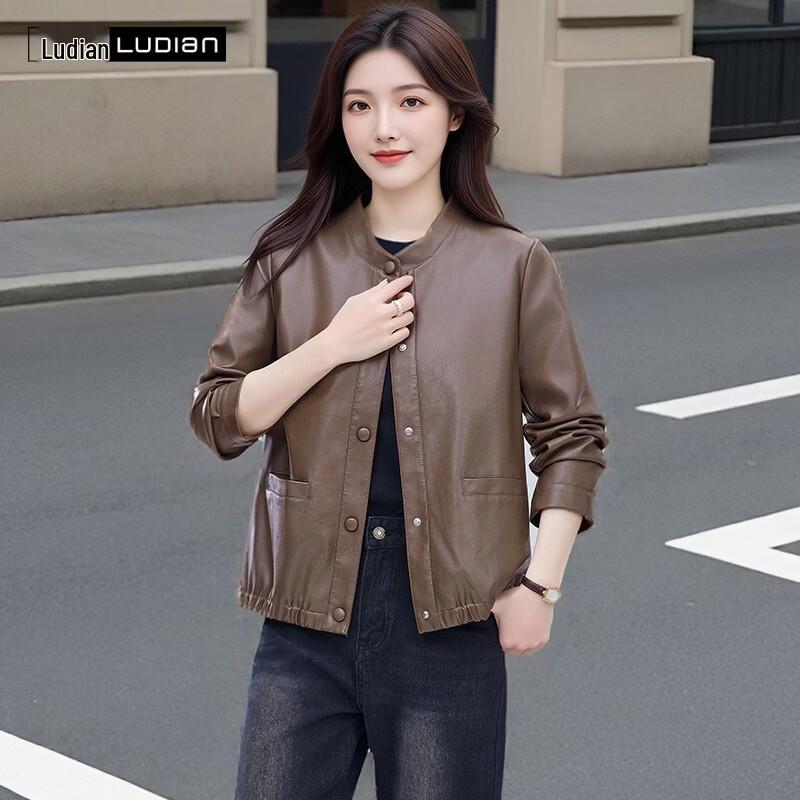 Women's Vintage Round Neck PU Leather Jacket