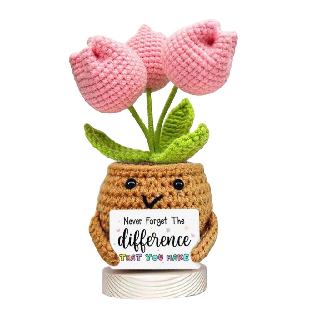 Handmade Knitted Tulip Flower Pot with Positive Message Card Crochet Decorative Plant Gift for Home Office Desk Display