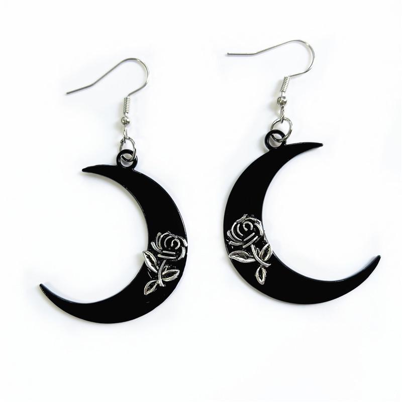 Gothic Moon Rose Flower Earrings