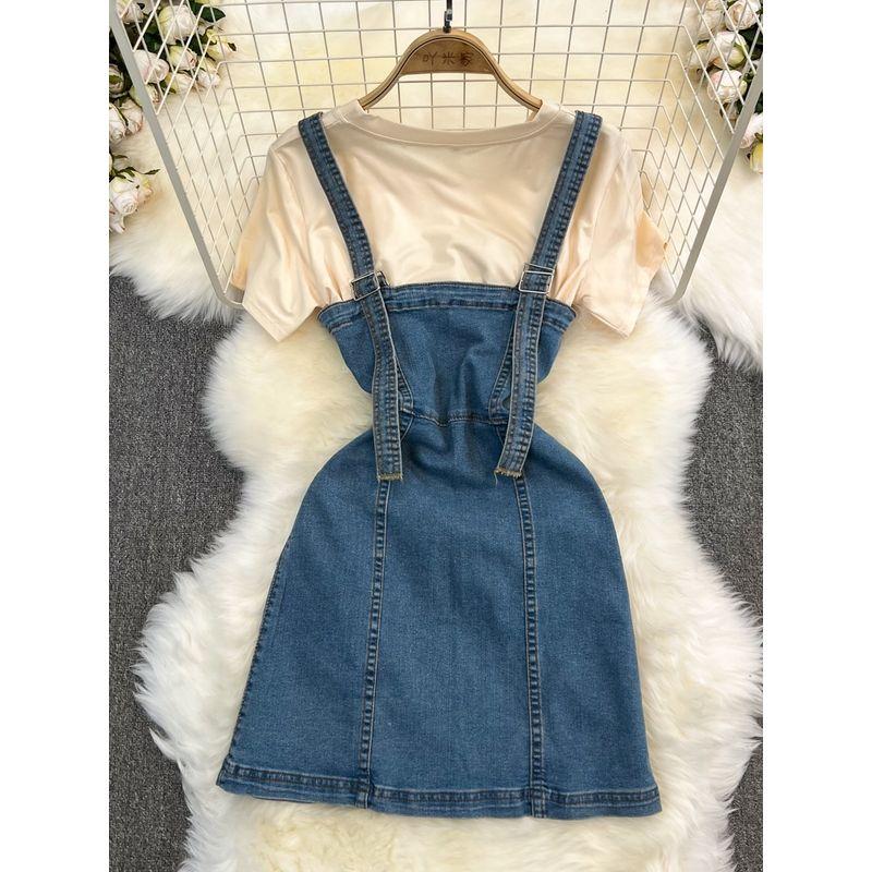 Denim Brace Dress Women's Slim Looking Fashion Stretch Jumpsuit Suspender Short Skirt Two-piece Set Loose round Neck T-shirt Summer