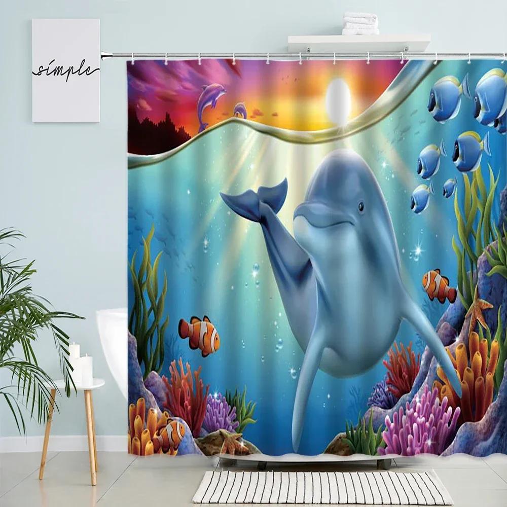 Funny Dolphin Shower Curtains Sunset Ocean Animals Tropical Fish Coral Children Bathroom Decor Polyester Bath Curtain with Hooks