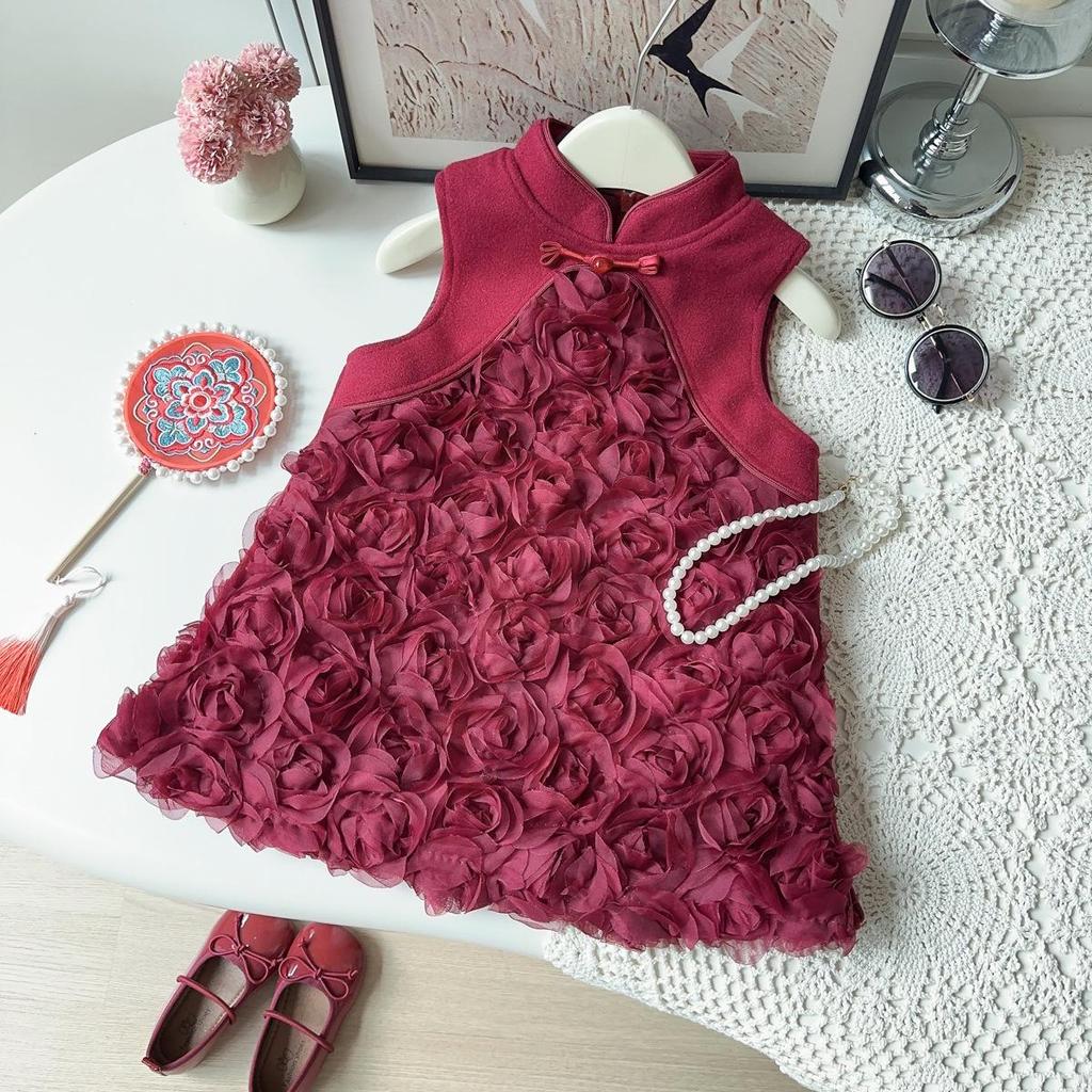 New Winter Rose Cheongsam Hanfu Sleeveless Dress for Baby Girls - Style AWB005