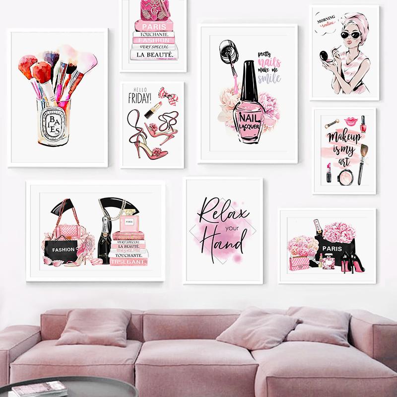 Pink Fashion Wall Posters Perfume Makeups Canvas Painting Wall Art Modern Nails Print Pictures Nordic Girl Bedroom Home Decor