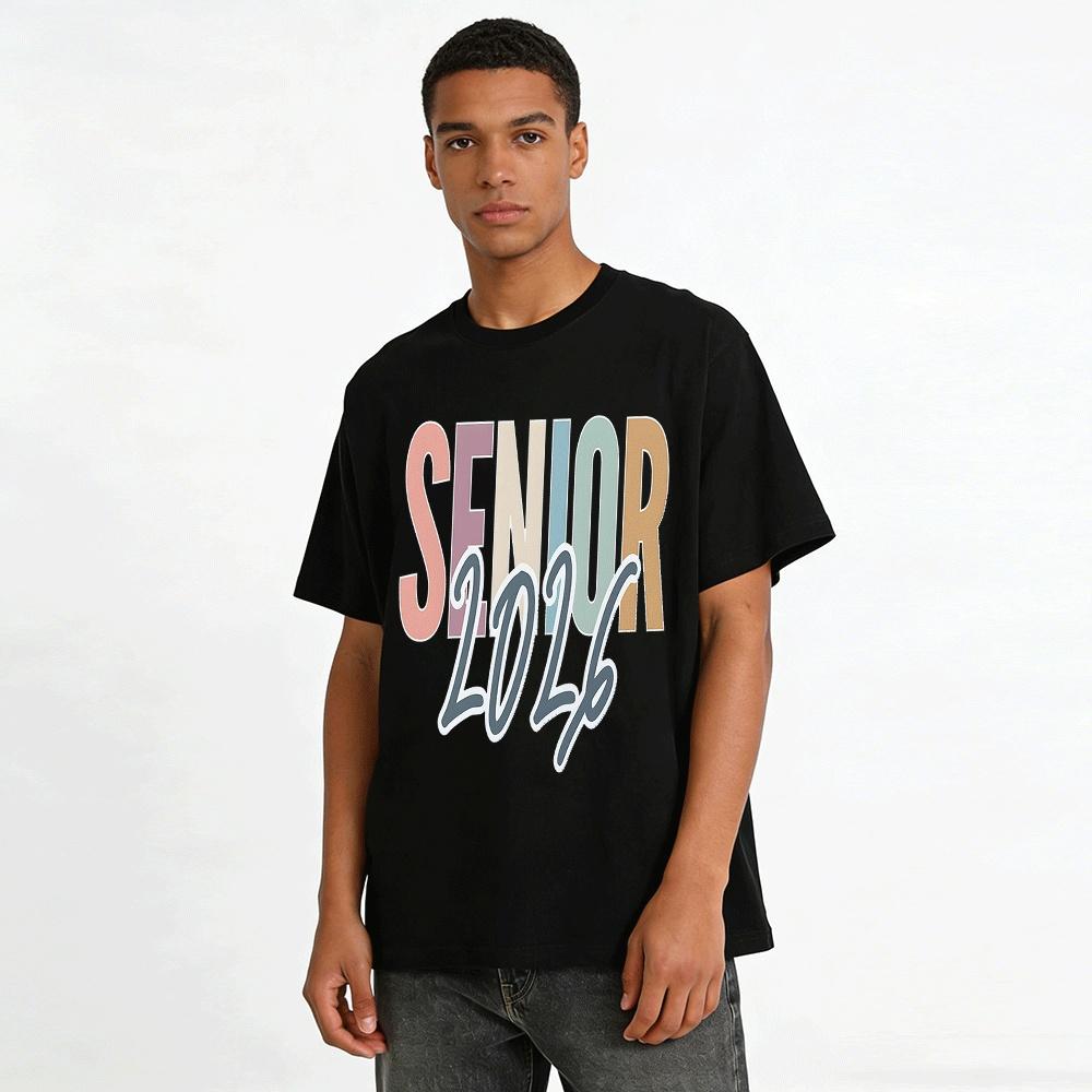 Vintage Color Block Senior 2026 Print Graduation Season Casual T-Shirt Pure Cotton T-shirt