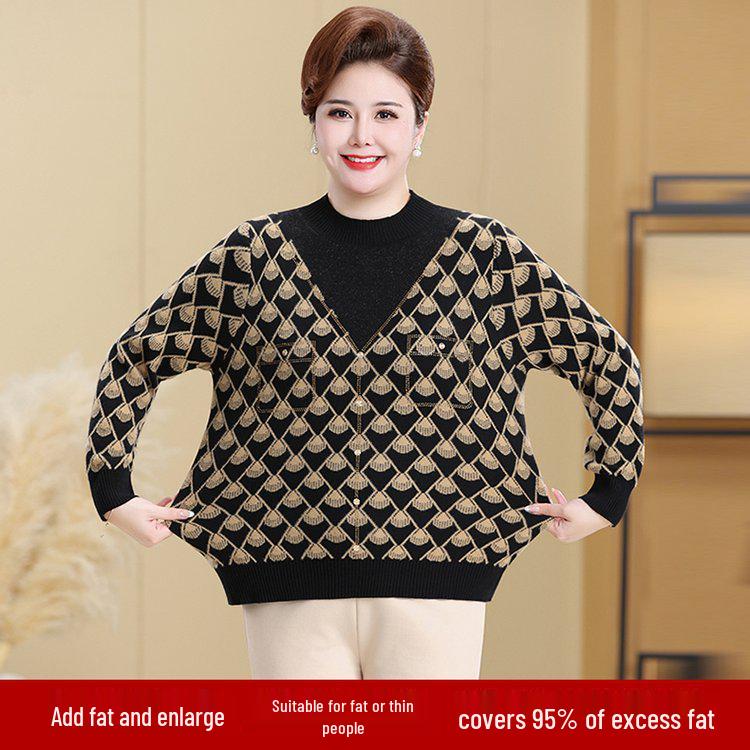 Plus Size Warm Knit Pullover for Women - Autumn/Winter Round Neck Sweater for Middle-aged & Elderly