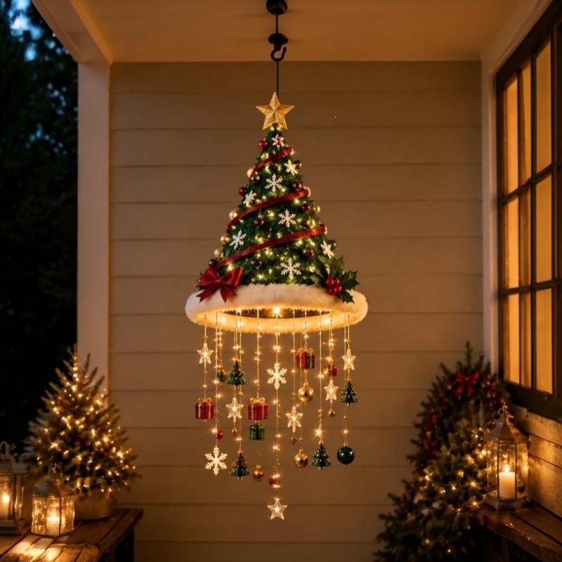 Led Santa Hat Hanging Light Christmas Hat Pendant Lamp With Tassel Bell Star Ornaments Xmas New Year Party Decoration Light