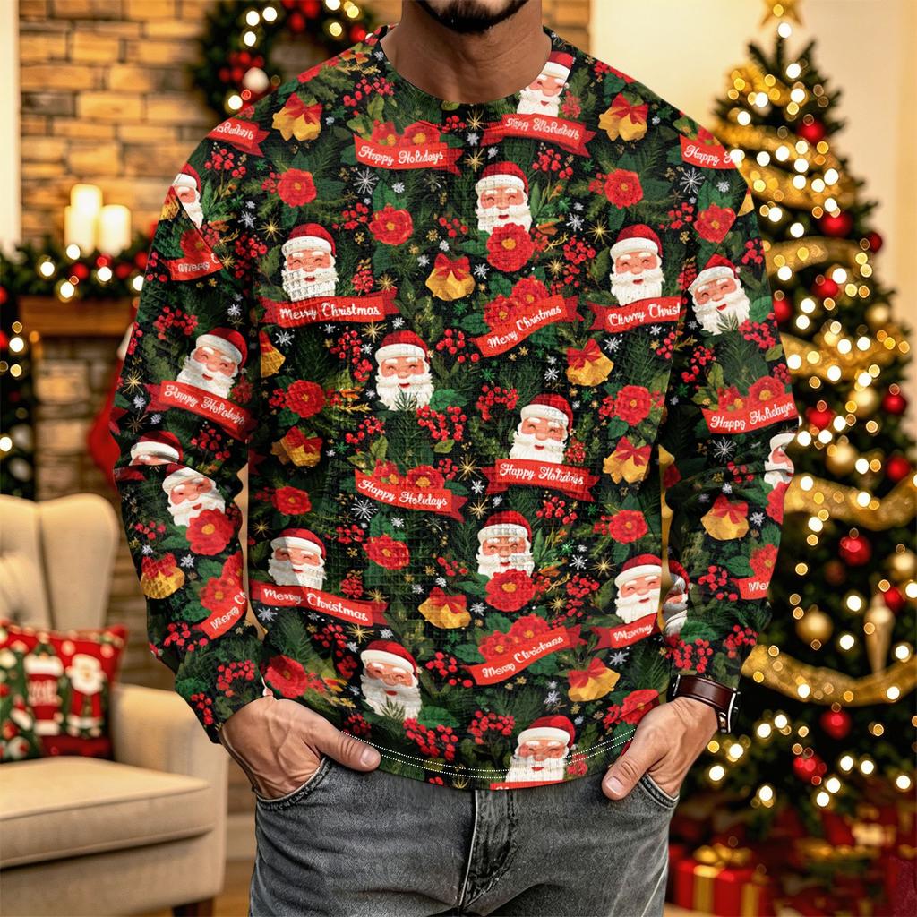 Men's Casual Knit Long Sleeve Neck Shirt with Christmas Print for Holiday Parties