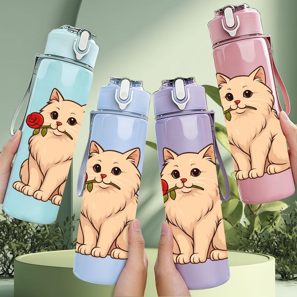 1PC Cat Holding Red Rose Cartoon 750ml Color Plastic Sports Water Bottle Leakproof Flip Straw Lid Suitable for Sports Office Home Use