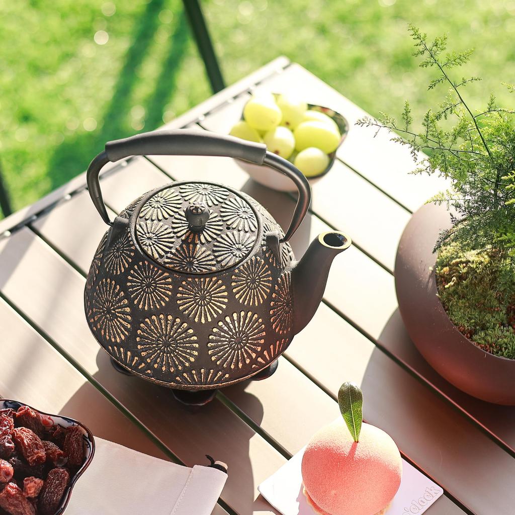 Cast Iron Teapot (1200ml Large Capacity) with Infuser, for Stovetop Use, Sakura Design, Enamel Coated Silicone Handle