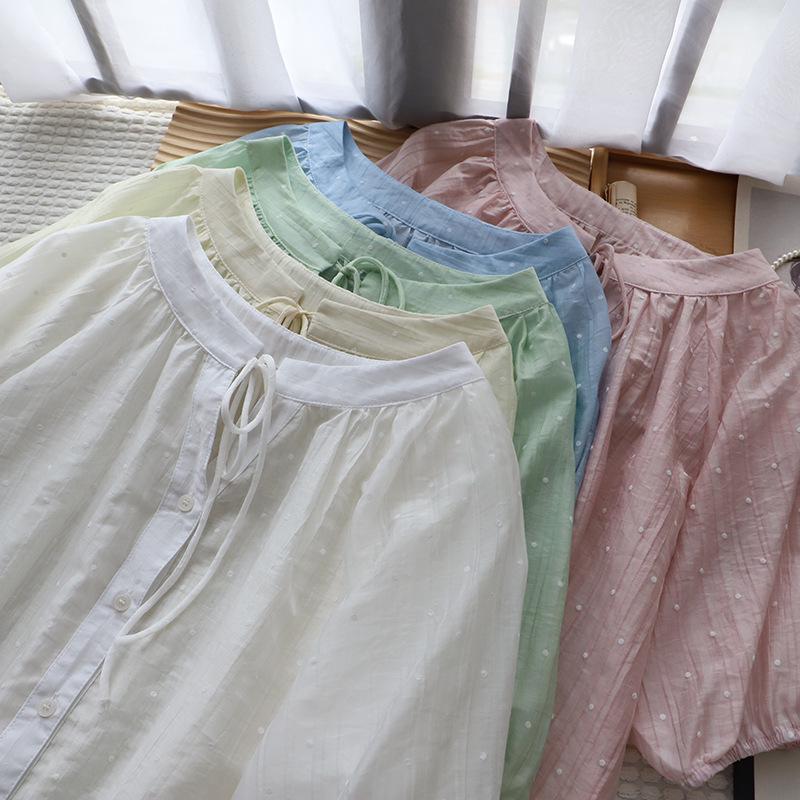 

Bi Zheng 2025 Summer Women s Polka Dot Lace-Up Round Neck Bubble Sleeve Shirt One Size зелёный