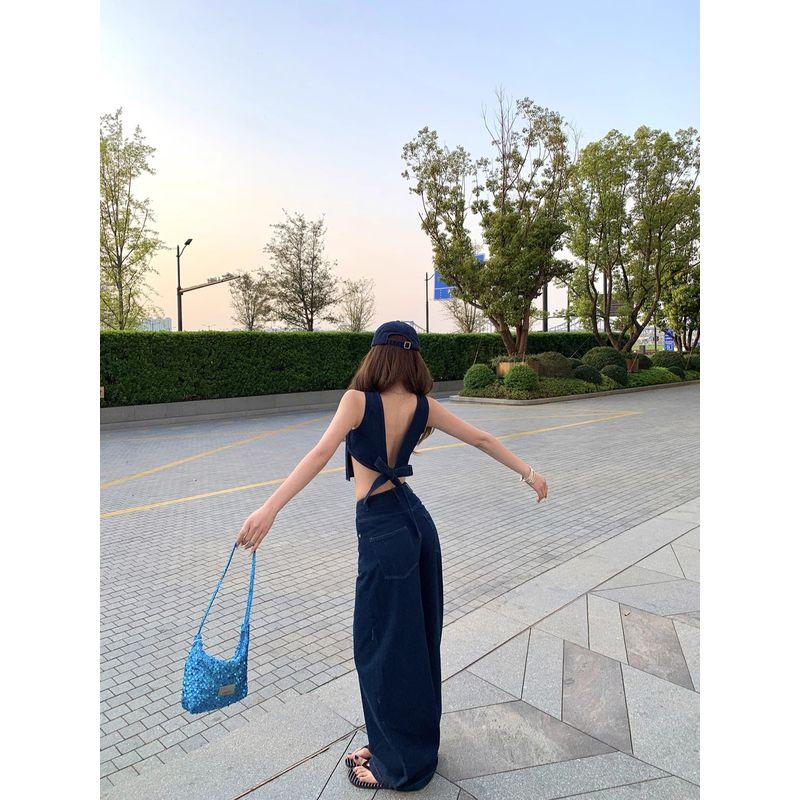 Kumikumi Fashion Set Back Lace-up Vest Top Women Summer High Waist Jeans Wide Leg Pants Two-piece Set