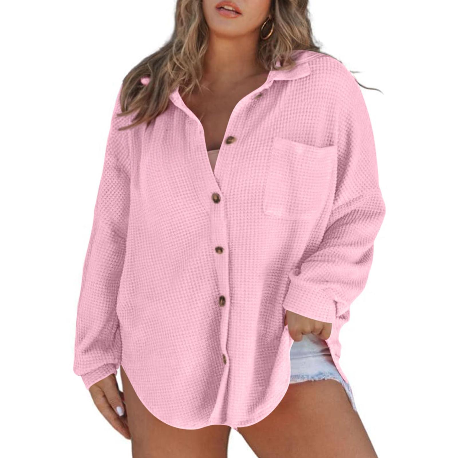 

Women s Fashion Button-Up Cardigan Sweatshirt Long-Sleeve Collared Jacket With Pockets Solid Color Outerwear L розовый