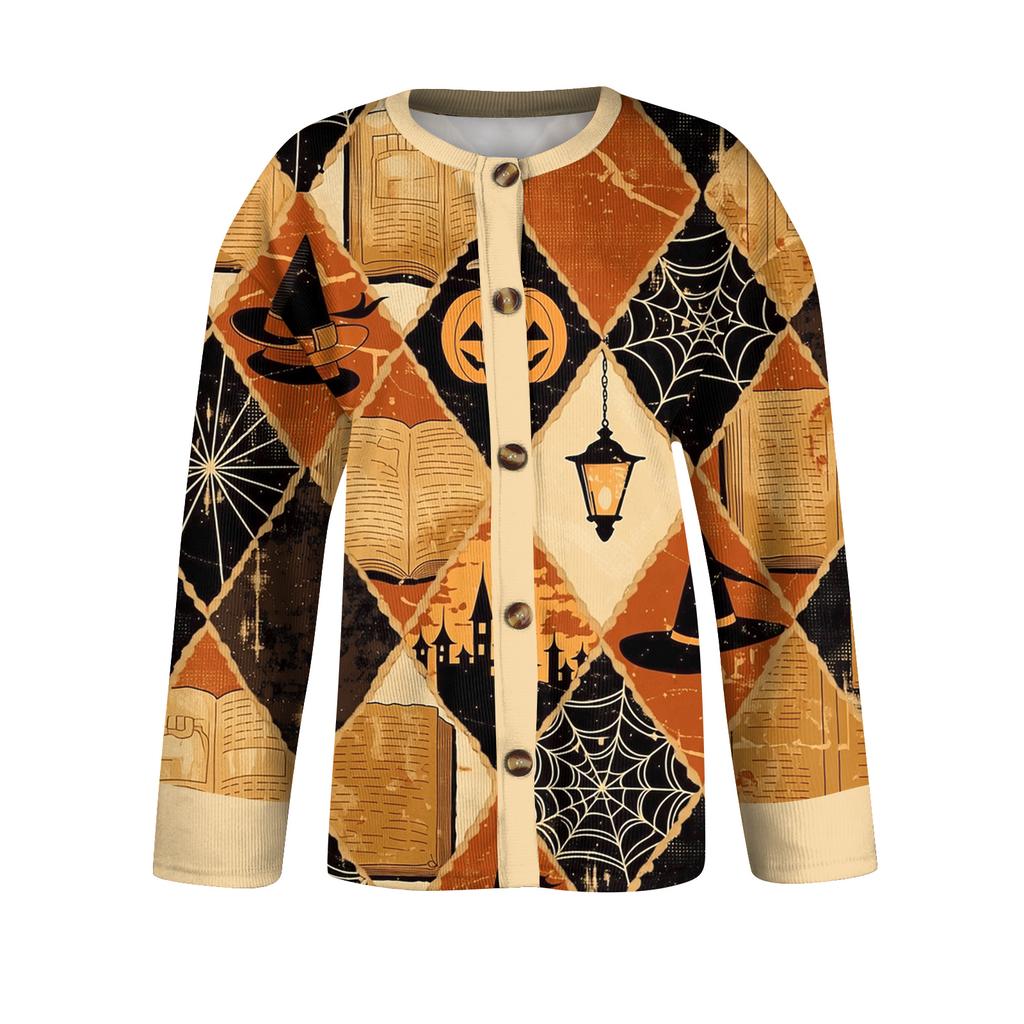 Women's Halloween Print Long Sleeve Knit Button Front Cardigan