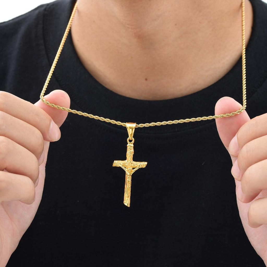 Stainless Steel Cross Necklace for Men, Christian Jesus Pendant Necklace, Catholicism Religious Faith Jewelry Easter Gifts