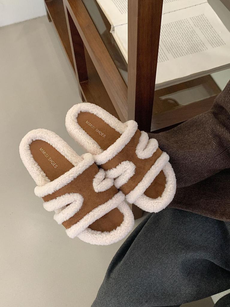 Thick-bottomed Boken Wool Slippers for Women In the Autumn and Winter of 2025, the New Korean Version of One-word Wool Slippers, and the Small Person 