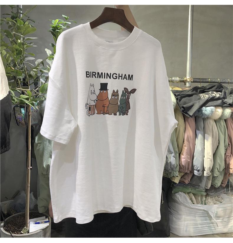 Women's Round Neck Short Sleeve Midi Tunic Top Loose Fit Elegant Commuter Cartoon Character Print Milk Silk Casual Tee