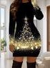 3D Santa Claus Christmas Tree Print Dress Autumn New Year Christmas Party Mini Dress Women's Long Sleeve Round Neck Tight Dress