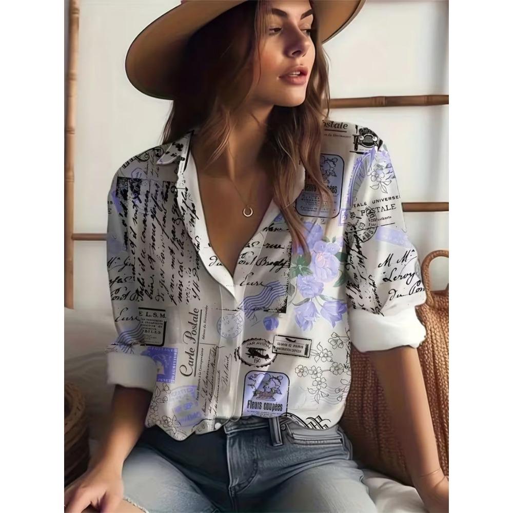 Summer Minimalist Shirt with Floral Digital Print Button Up Shirt Top for Women's Hawaiian Beach Vacation Casual Shirt