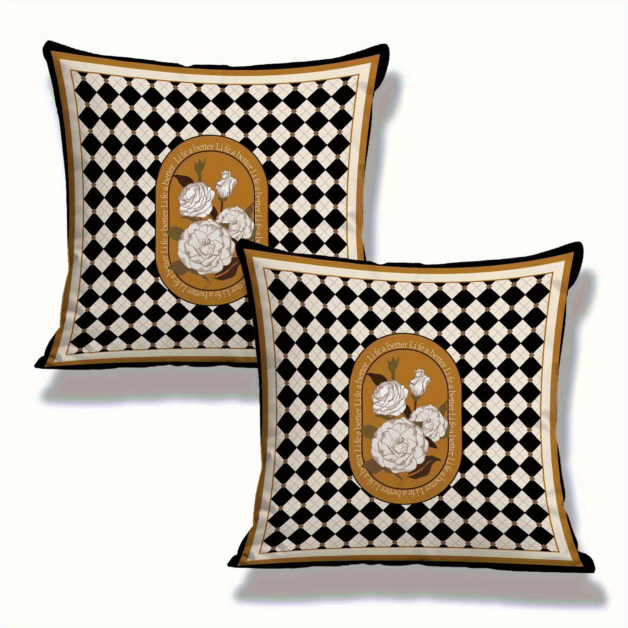Elegant Black and White Checkered Decorative Pillowcase Covers with Golden Rolled Edges  Black and White Checkered Cushion Cover
