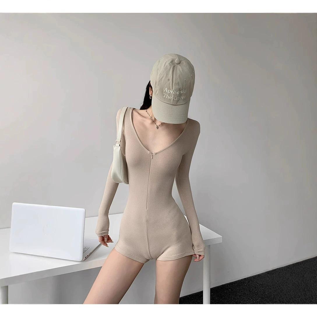 

American Pure Desire Open Collar Long Sleeve Jumpsuit - Autumn/Winter Slimming Casual Base Layer with Zipper. M
