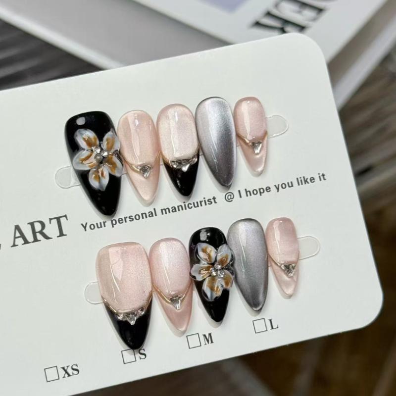 10Pcs Handmade Black Pink French Fake Nails with 3D Flower & Rhinestone Accents XS