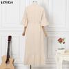 VONDA Women V Neck 3/4 Sleeve Casual Loose Drawstring Waist Maxi Rufffled Dress Robes