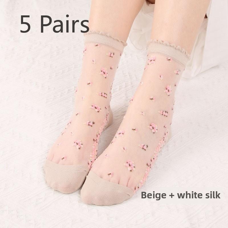 

5 Pairs of Women s Spring and Summer New Cotton Bottom Thin Crystal Socks 5 Pairs бежевий/білий