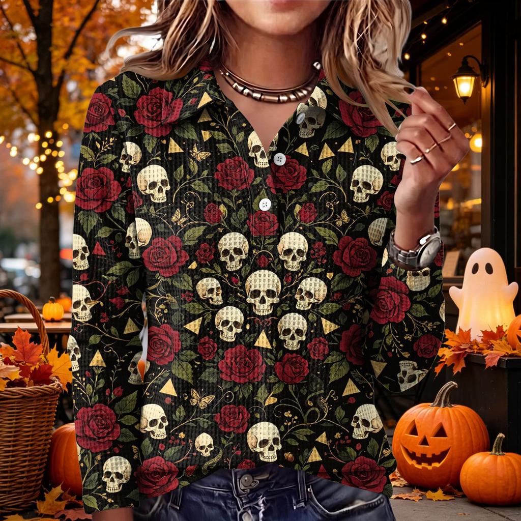 Women's Casual Long Sleeve Halloween Print Knit Top with Lapel Collar, Trendy Fall Outfit