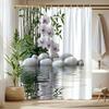 Zen Orchid & Bamboo Print Shower Curtain with White Pebbles - Reflective Polyester Fabric, Includes 12 Hooks, Machine Washable,