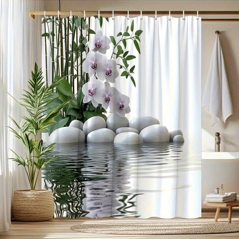 

Zen Orchid & Bamboo Print Shower Curtain with White Pebbles - Reflective Polyester Fabric, Includes 12 Hooks, Machine Washable, 90x180cm