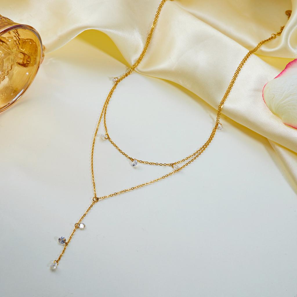 Romantic Stainless Steel Dangle Y Drop Lariat Necklace for Women Classical Multi CZ Stone Long Chain Party Jewelry Gift