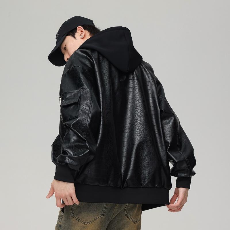 Dragon Scale Leather Jacket Men's New Fashion Brand Autumn New Korean Fashion Casual Fake Two-piece Combination of Hooded Jacket
