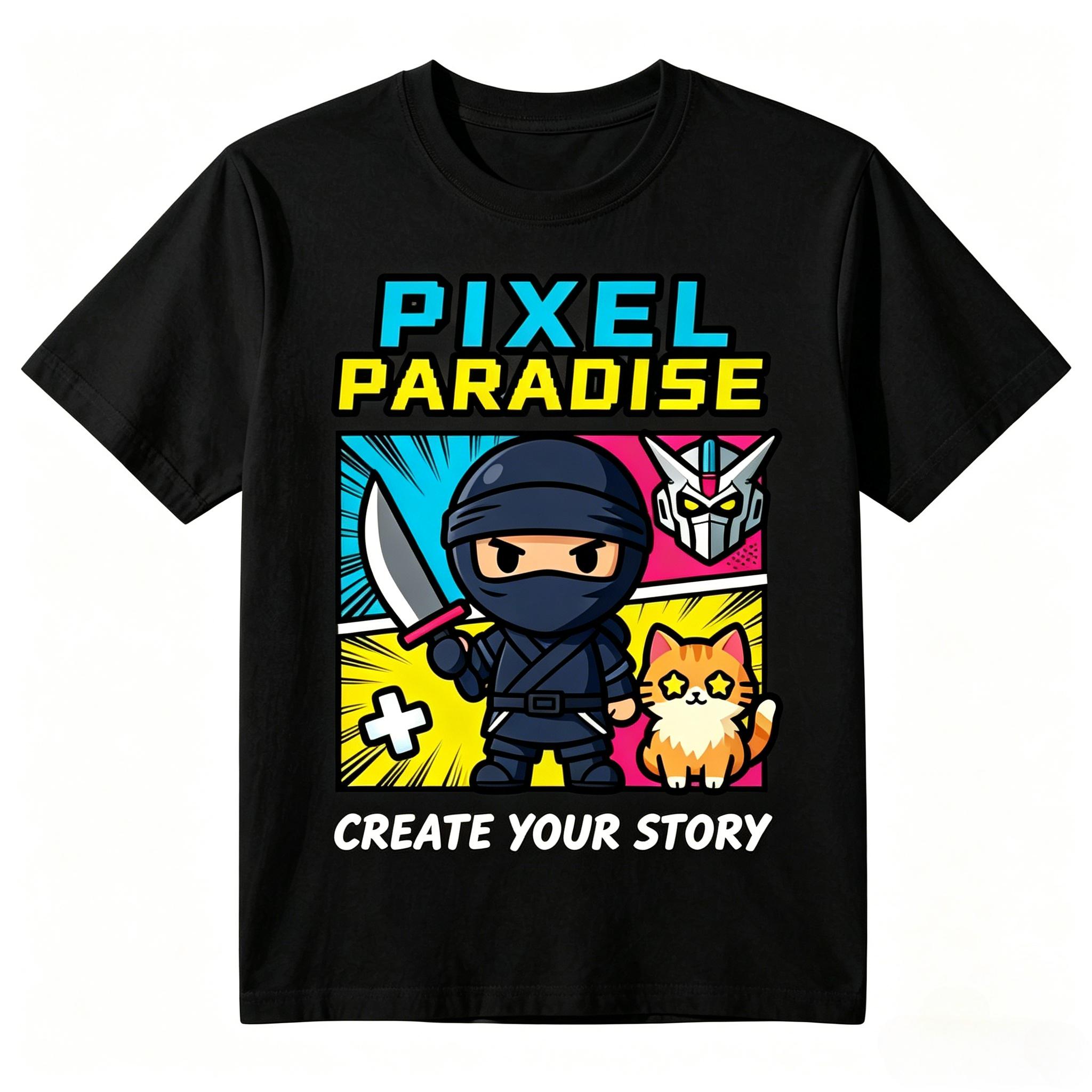 Retro Pop Art Pixel Paradise Ninja Kitten Robot Graphic TShirt Unisex Unisex Hip Hop Loose Oversized Cotton Casual Street Tees S