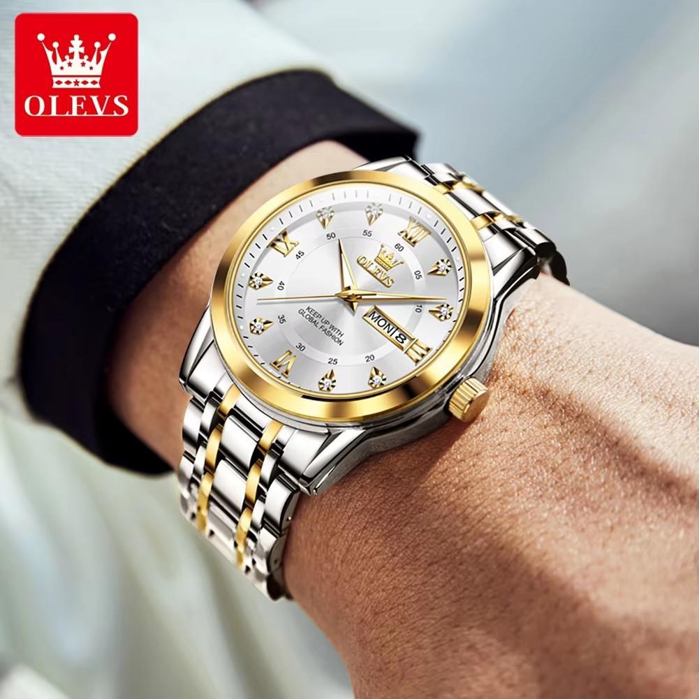 OLEVS Men's Watch Dual Calendar Display Waterproof Luminous Original Luxury Diamond Watch Fashion Men's Watch