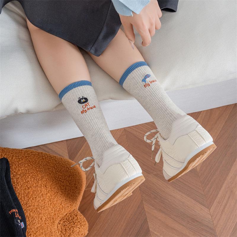 Autumn and Winter Socks, Women's Trendy Socks, Color-blocked AB Version Embroidered Letter Mid-calf Socks, Double-needle Pile Socks