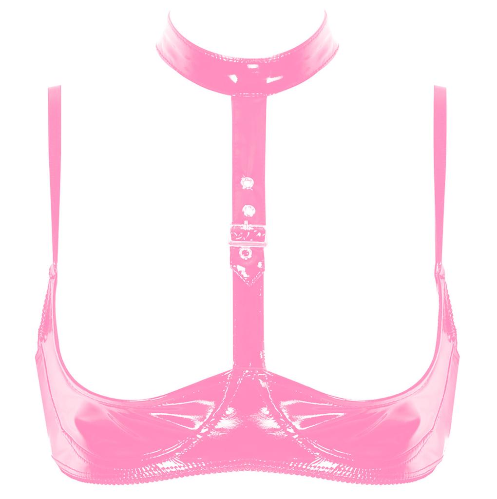 Womens Wet Look Patent Leather Lingerie Halter Neck Adjustable Straps Open Cups Shelf Bra Top