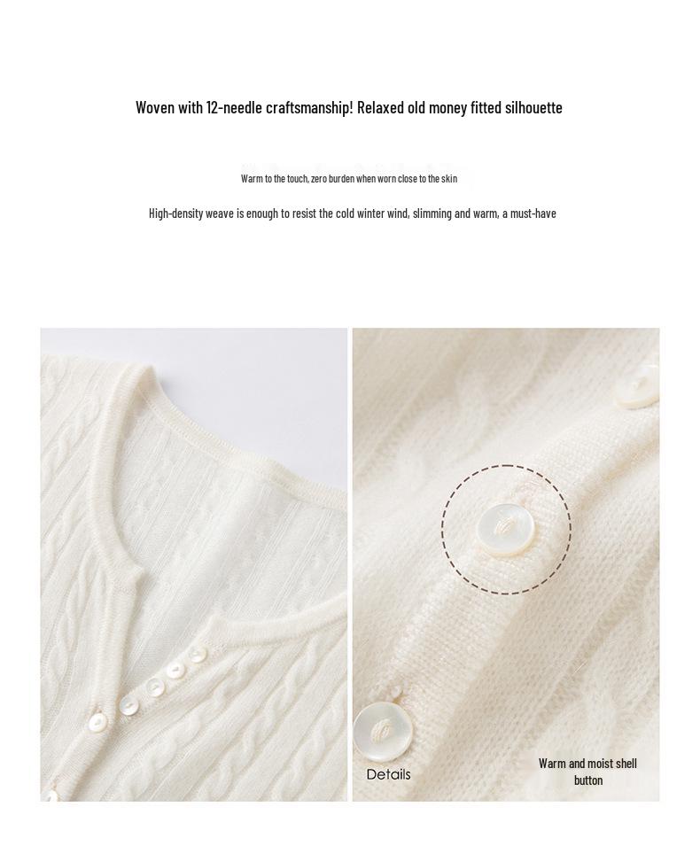 Elegant V-Neck Women's Cashmere Sweater - Cable Knit, Slim Fit, Button-Down, 2026 Autumn/Winter Collection.
