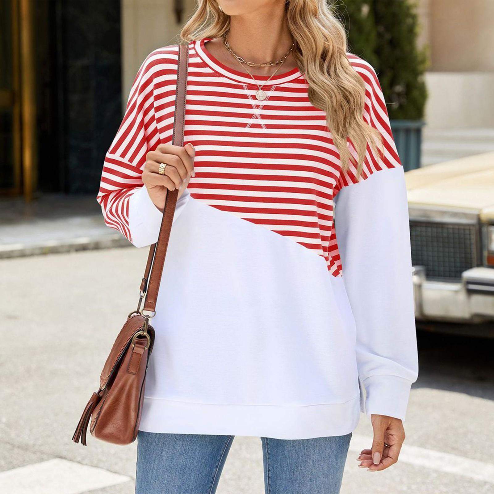 

Женский модный пуловер свитер с круглым вырезом, цветными блоками, полосками и длинными рукавами S красный