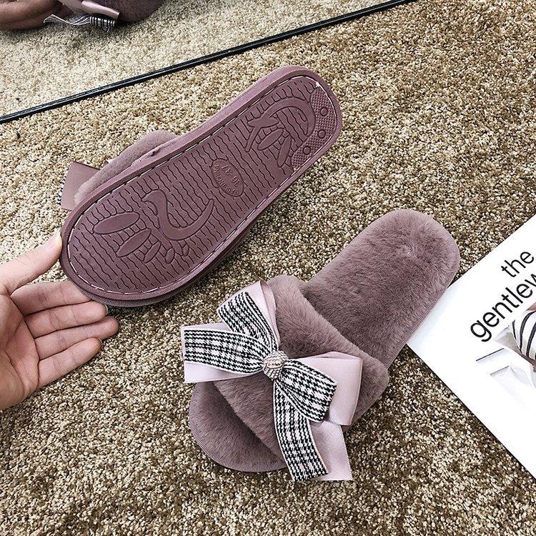 Mao Mao Cotton Slippers 2020 New Autumn and Winter One-word Bow Slippers Indoor and Outdoor Warm Fashion Flat Slippers