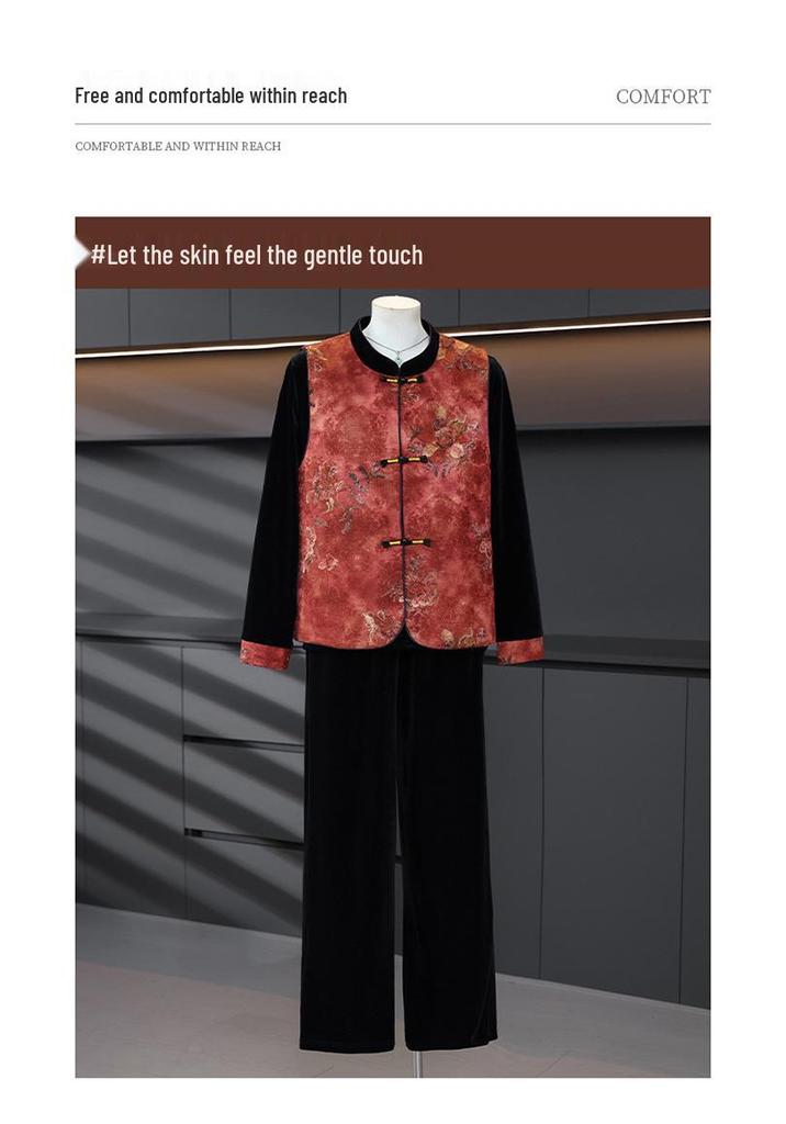 2026 New Chinese Style Velvet Vest Three-Piece Set: Stylish, Slimming, Age-Reducing with Frog Button Embroidery.