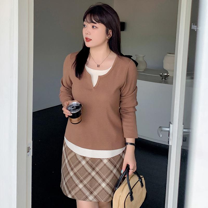 Plus Size Women's Casual Fake Two Piece Bottom Knit Sweater