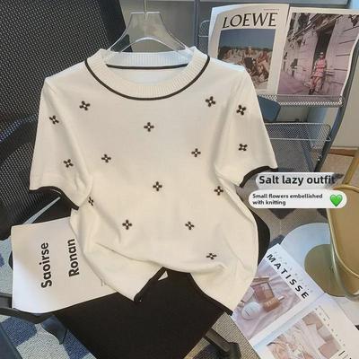 Summer 2023 Four-Leaf Clover Embroidered Ice Silk Knit T-Shirt