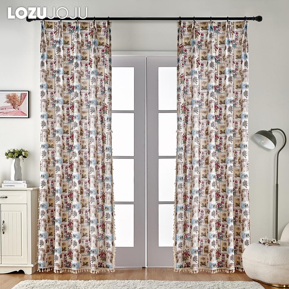 1PC LOZUJOJU Semi Blackout Cotton Linen Printed Curtain Retro Style Tassel Curtain for Small Windows Balcony Bedroom Living Room Home Decor